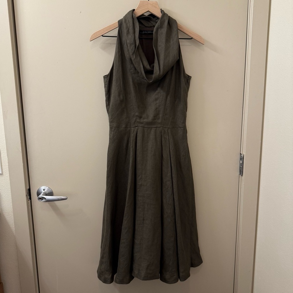Zara chocolate brown 100% linen midi dress cowl neck halter summer cocktail